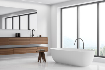 Close up view on bright bathroom interior with bathtub