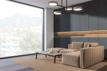 Living room interior with panoramic window, large sofa, coffee table
