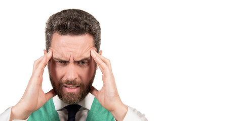 suffering businessman isolated on white. stressed guy with moustache having headache.