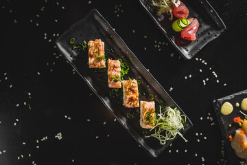 Perfect Sushi Japanese Asian Seafood Food Dish Menu Gourmet Restaurant Chef on Dark Background