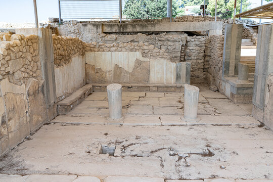 Ancient stone flooring and columns in the royal apartment of Phaistos Palace and archaeological site, Crete, Greek Islands