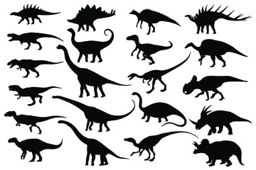 Dinosaur Silhouettes Set: Tyrannosaurus, Triceratops, Stegosaurus, Allosaurus, Velociraptor, Brontosaurus, Diplodocus, Corytosaurus, Protoceratops. Vector illustration. © Kateryna