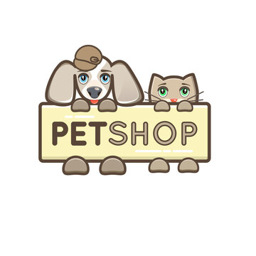 Dog and cat with a bone. Vector Illustration. Pet shop logo. Unique cartoon design for blog, pet hotel, pet shop, veterinary clinic or other animals related website or product.