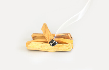 Palo santo holy tree wood burning with aroma smoke