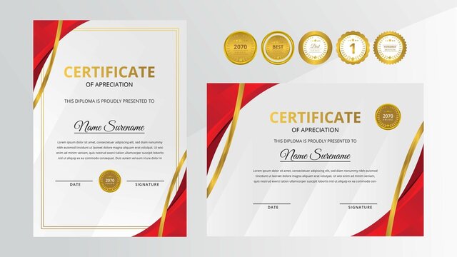 Gradient red luxury certificate with gold badge set For award, business, and education needs