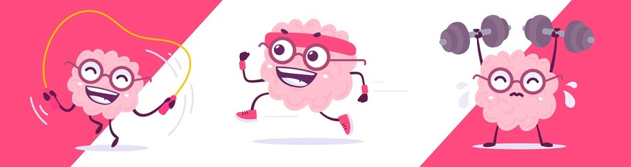 Vector set of creative illustration of sport happy brain character in different pose. Flat doodle style knowledge concept design of emotional pink brain in glasses with skipping rope and dumbbell