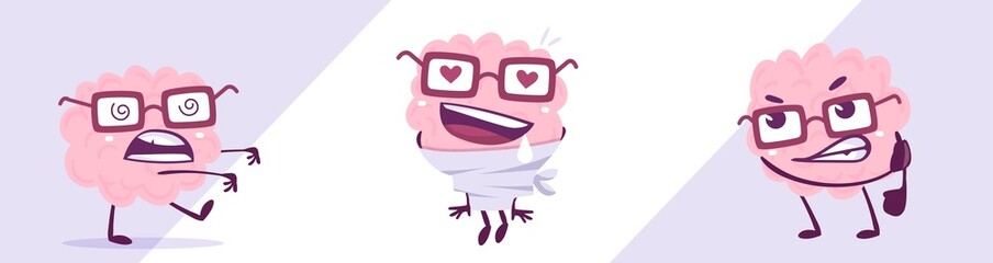 Vector set of creative illustration of happy and angry brain character in glasses. Flat doodle style knowledge concept design of emotional pink brain in different pose