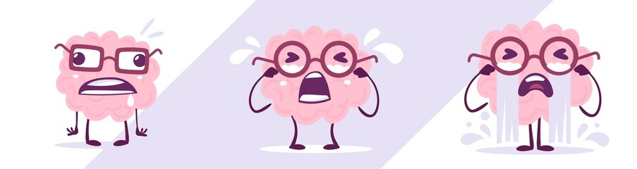 Vector set of creative illustration of unhappy and cry brain character in glasses. Flat doodle style knowledge concept design of emotional pink brain in different pose