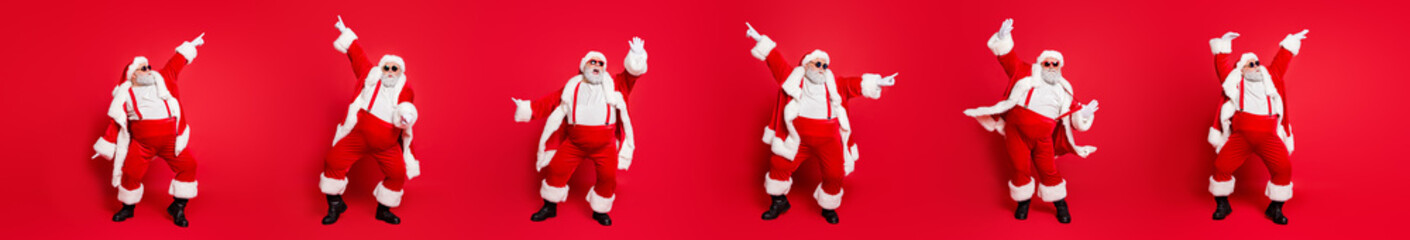 Panorama composition photo of active father christmas dance loud music night club 2022 coming...