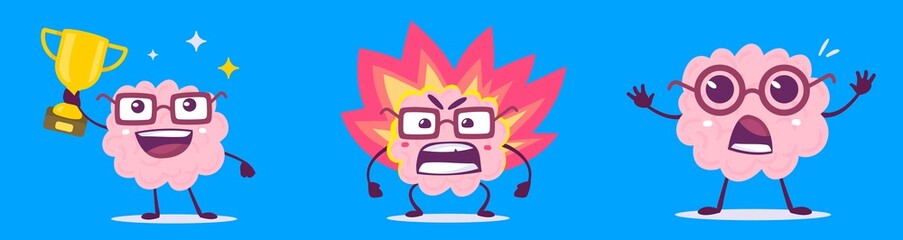 Vector set of creative illustration of happy and angry brain character in different pose. Flat doodle style knowledge concept design of emotional pink brain in glasses with golden cup and flame