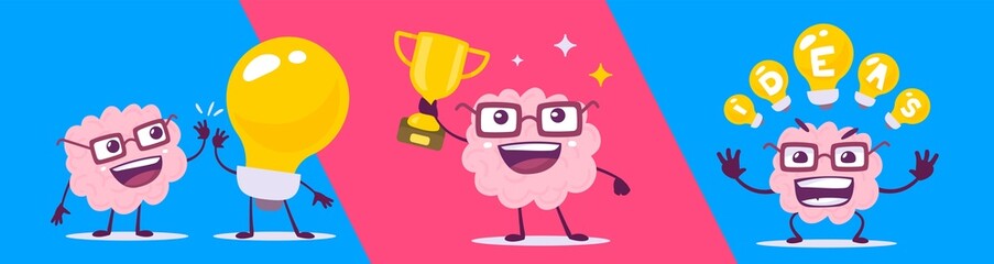 Vector set of creative illustration of happy brain character in different pose. Flat doodle style knowledge concept design of emotional pink brain in glasses with golden cup and light bulb