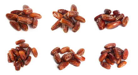 Set with tasty dried dates on white background. Banner design