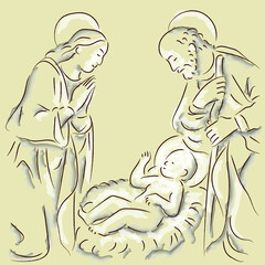 Birth of baby Jesus, image of the nativity scene, Christian religious holiday of Christmas.