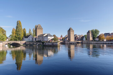 Fototapeta premium France, Alsace, View of Strasbourg old town cityscape from Barrage Vauban promenade