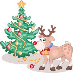 Santa's reindeer Rudolph has thrown toys from the Christmas tree and holds one in his mouth. Funny cute vector illustration