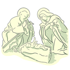 Birth of baby Jesus, image of the nativity scene, Christian religious holiday of Christmas.