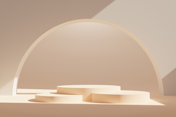Beige geometric podiums with arch and sunlight background 3d illustration