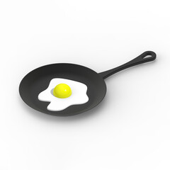 fried egg in a frying pan on a white background. side view of the frying device. chicken egg is cooked in the grill. 3d image. 3d rendering.