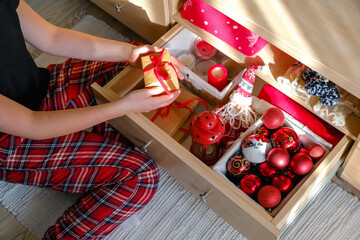 christmas, preparation and storage of gifts, decor, balls, candles,Christmas gift,gift box eco christmas holiday concept, Christmas gift wrapping, decor banner