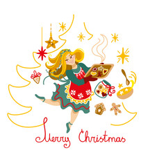 Cute girl bakes cookies. Christmas illustration.  Celebration. Vector.