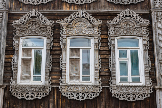 Beautiful wooden windows, Old wooden house, Tomsk, Tomsk Oblast