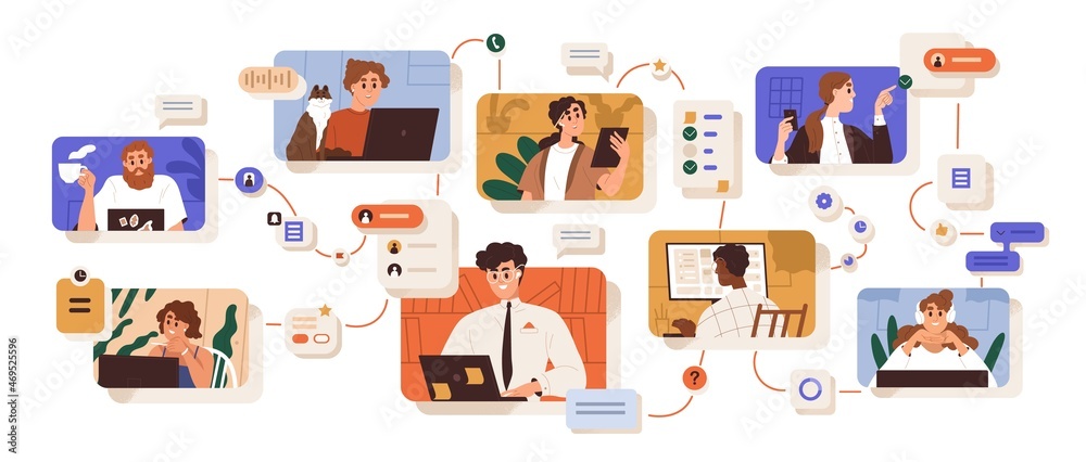 Poster Team communication and project management concept. Cooperation, interaction of employees at work. Workflow and job organization in modern company. Flat vector illustration isolated on white background