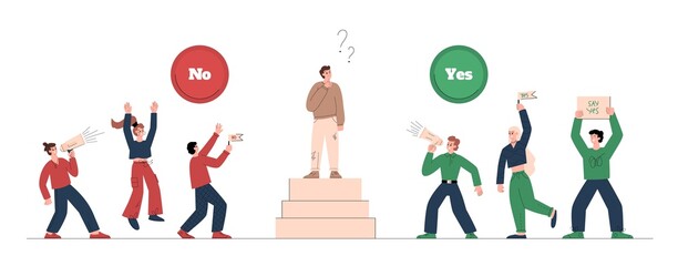 Convincing and persuasion with hesitating man, flat vector illustration isolated.