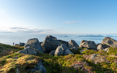 Fototapeta na wymiar The rugged rocky shores of Lofoten stretch under the vast open skies, capturing the untamed essence of Norway's coastal beauty