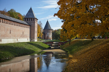 Fortress wall in Smolensk, bright colors of autumn