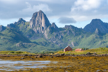 Towering peaks define the Lofoten landscape, with their sharp silhouettes adding drama to the green valleys below