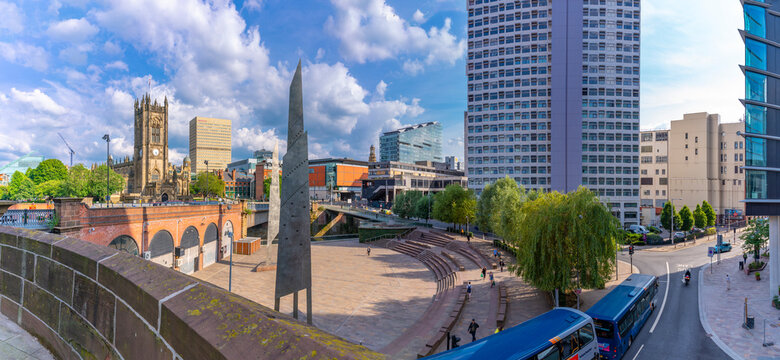 View of Manchester Cathedral and city skyline, Manchester, Lancashire