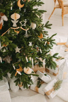 Christmas tree in Scandinavian style. Christmas interior in the children's room.