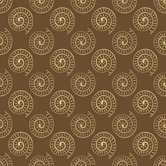 Ammonite vector seamless pattern background. Hand drawn ribbed spiral-form shell cephalopod fossil. Brown white backdrop.Extinct ancient marine predators. Repeat for museum,natural history, school