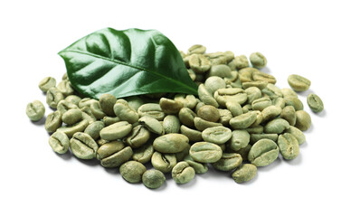 Pile of green coffee beans and leaf on white background
