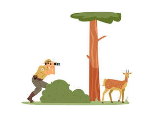 Ranger man character watching wild animals, flat vector illustration isolated.