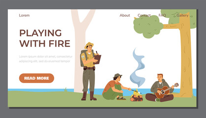 Forest fire safety site with ranger records violation, vector illustration.