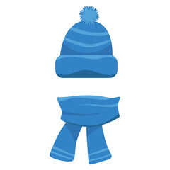 A set of hats and scarves for boys and girls in cold weather. Stylish hats and scarves. Clothes for winter and autumn. Blue, red, brown, purple, brown and orange hats and scarves.