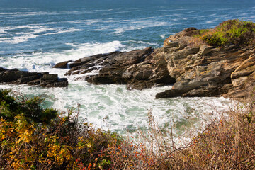 Waves crashing on the rocks on New England Coast