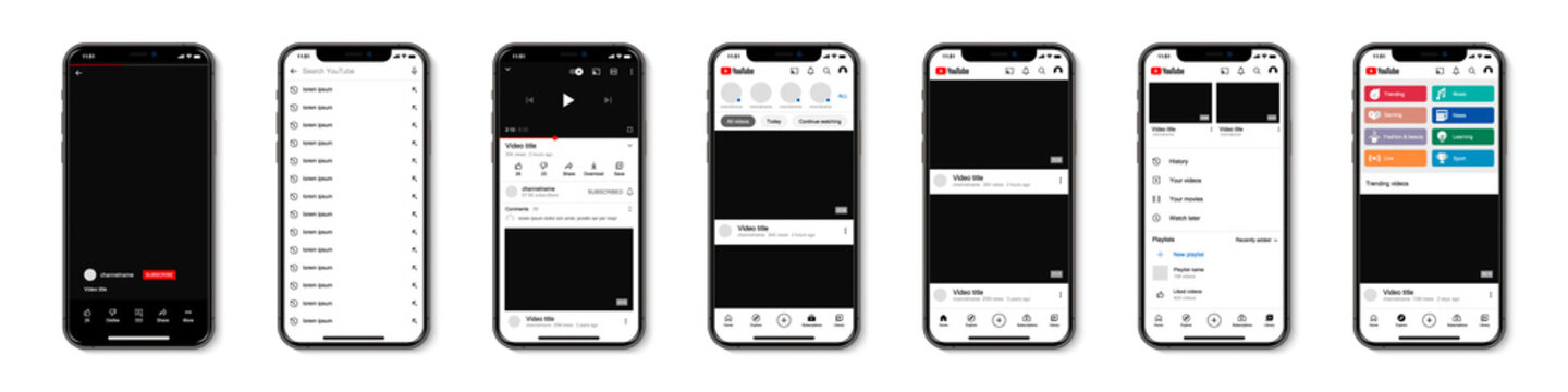 Set Of Iphones With Youtube Template Frame For Social Network. Youtube Mockup For Iphone Screen