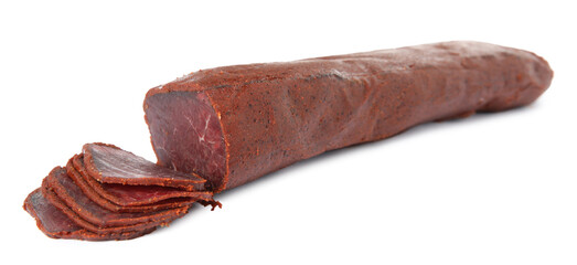 Delicious sliced dry-cured beef basturma on white background