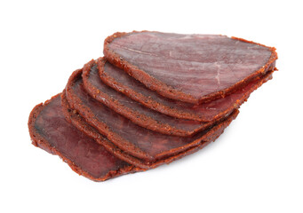Delicious dry-cured beef basturma slices on white background
