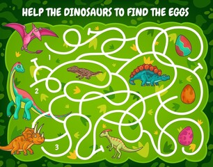 Kids labyrinth maze help dinosaur find the egg. Cartoon vector game with funny reptiles in tangled path. Educational puzzle for children with cute dino characters, riddle with prehistoric animals