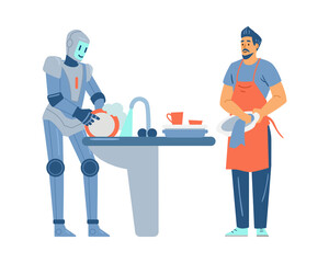 Robot helps man to wash dishes in the kitchen, flat vector illustration isolated on white background.