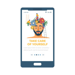 Man with blooming flowers on the head as symbol of psychological help and self care or love, flat vector illustration.