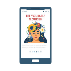 Flourishing flowers on womans head, self love and mental health awareness on app interface, flat vector illustration.