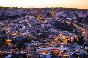 Fototapeta premium beautiful view of the city in the mountains of Cappadocia at sunset