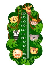 Kids height chart with African tropical cartoon animals vector background. Wall meter ruler scale of growth meter with funny monkey, lion, tiger and giraffe, zebra, jaguar, koala and palm leaves