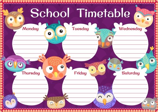 Cartoon owls and owlets funny birds, kids education timetable schedule, vector. School weekly planner or lessons timetable schedule with cute baby owls and owlets with big eyes