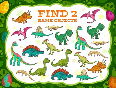 Kids game find two same cartoon dinosaurs in jungle. Vector boardgame with cute reptiles, dino characters. Educational children riddle with funny prehistoric period lizards, baby puzzle, leisure task