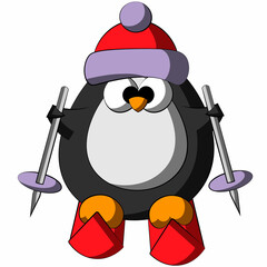Cute cartoon Penguin by ski. Draw illustration in color